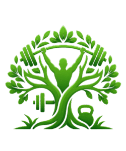 Žalias logotipas, kuriame pavaizduotas sportuojantis žmogus su medžio motyvais