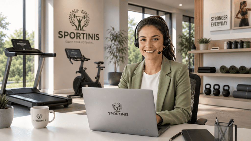 SPORTINIS parduotuvės konsultantė padeda išsirinkti treniruoklius namams
