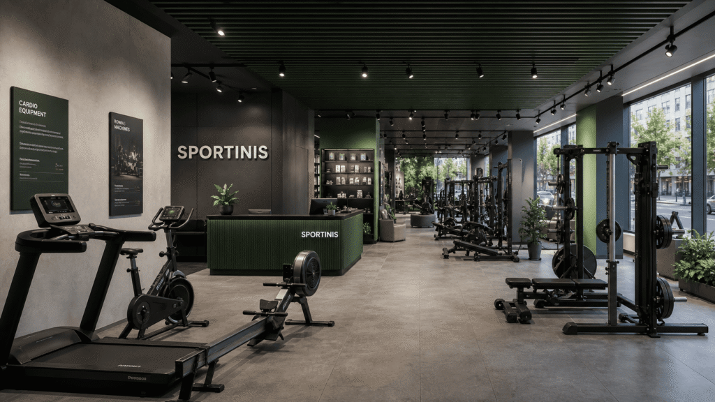 Sportinis salone išdėstyti treniruokliai namams, jėgos staklės ir kardio įranga
