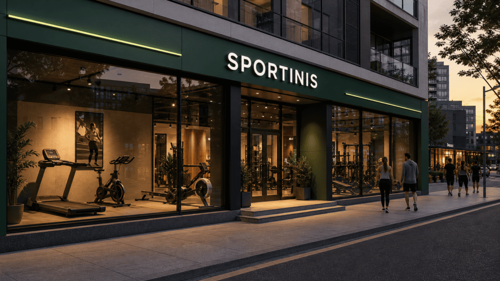 Parduotuvė Sportinis – treniruokliai namams ir sporto įranga langų vitrinoje